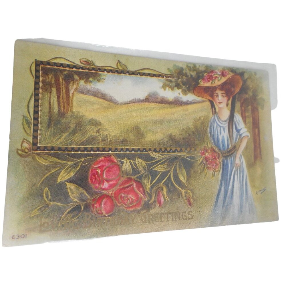 Vintage Postcard woman 1900s Birthay greetings floral pretty lady embossed